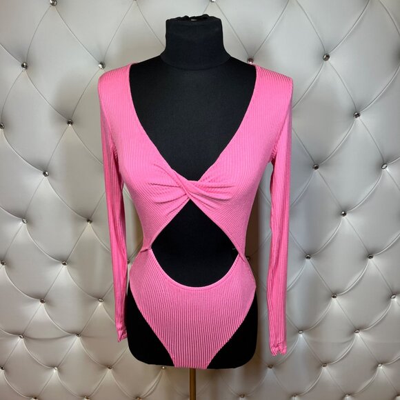 Forever 21 Pink Ribbed Long Sleeve Cutout Bodysuit M. - Picture 1 of 10